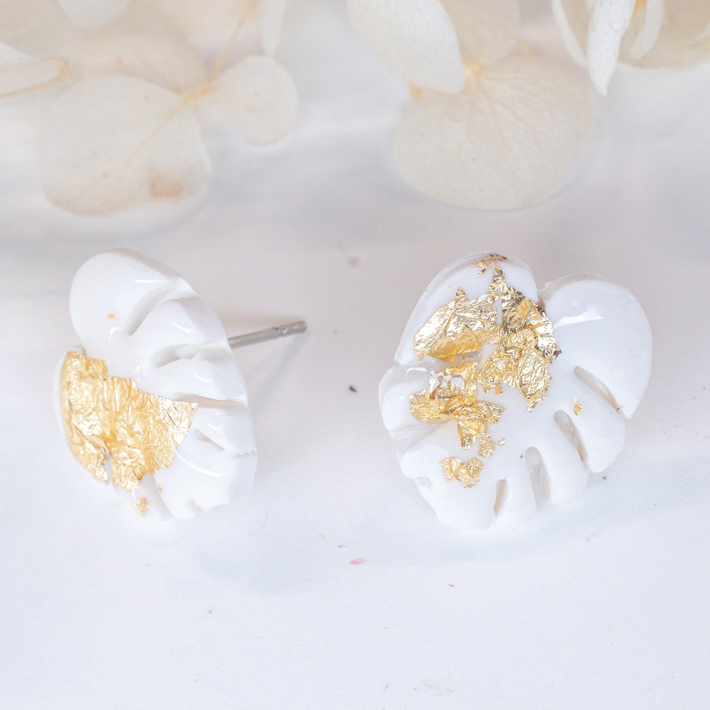 White/Gold Foil Monstera Studs