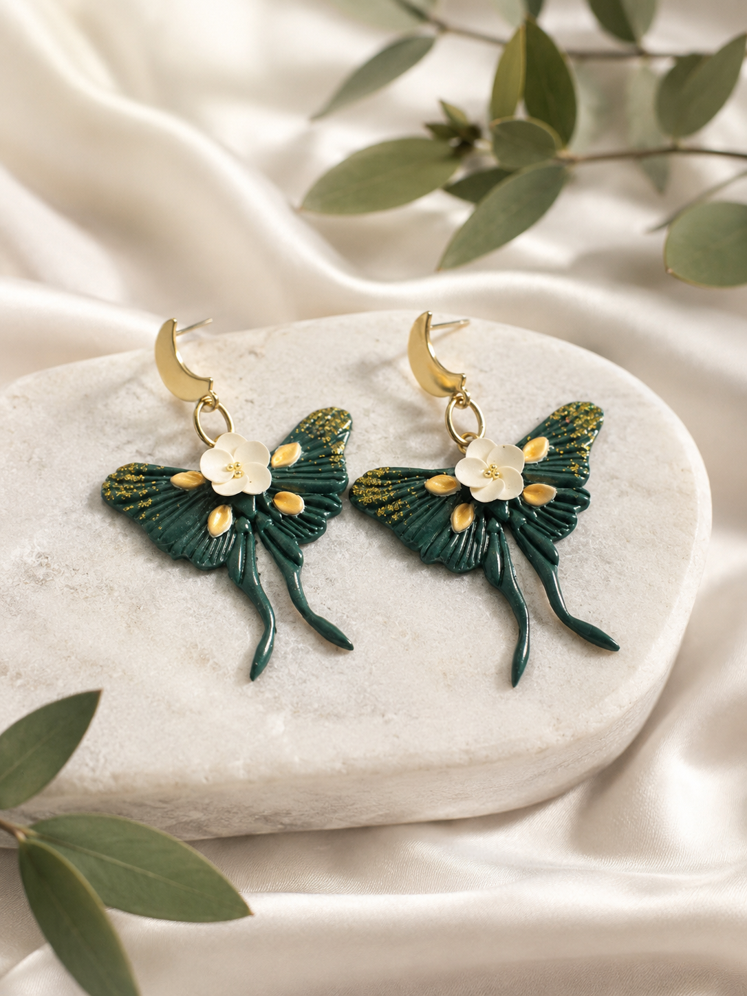 Emerald Luna Moth Earrings - Klaily