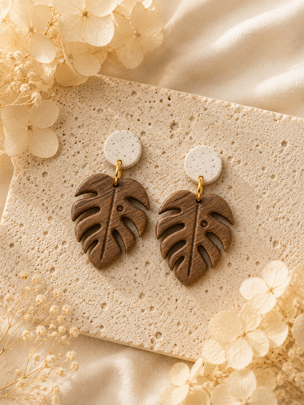 Brown Wood Monstera Earrings