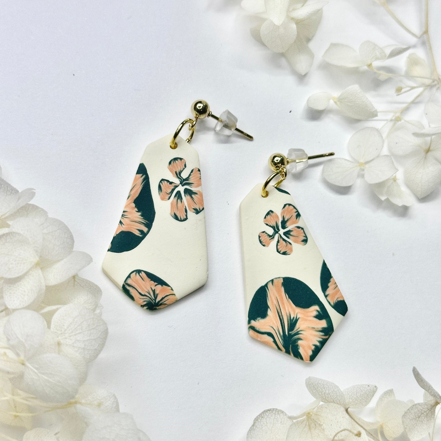 Golden Petal Arches – handmade polymer clay earrings by Klaily