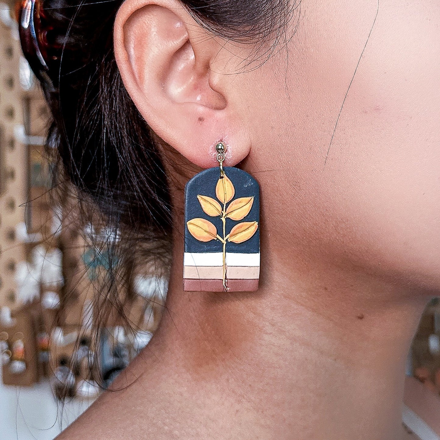 Minimalist Autumn Earrings | Gold Leaf on Navy Arch Polymer Clay Design | Handmade Polymer Clay Earrings