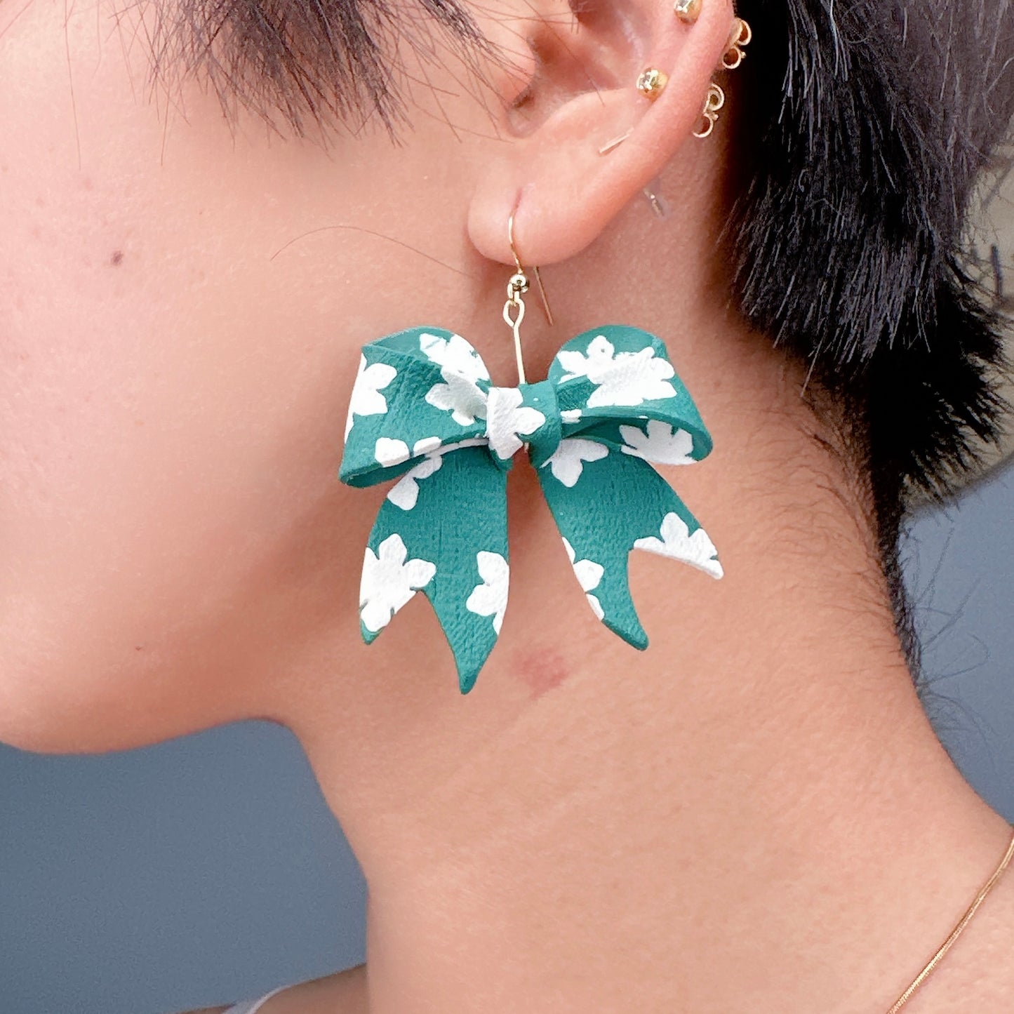 Large Coquette Bow Earrings Green with White flower pattern