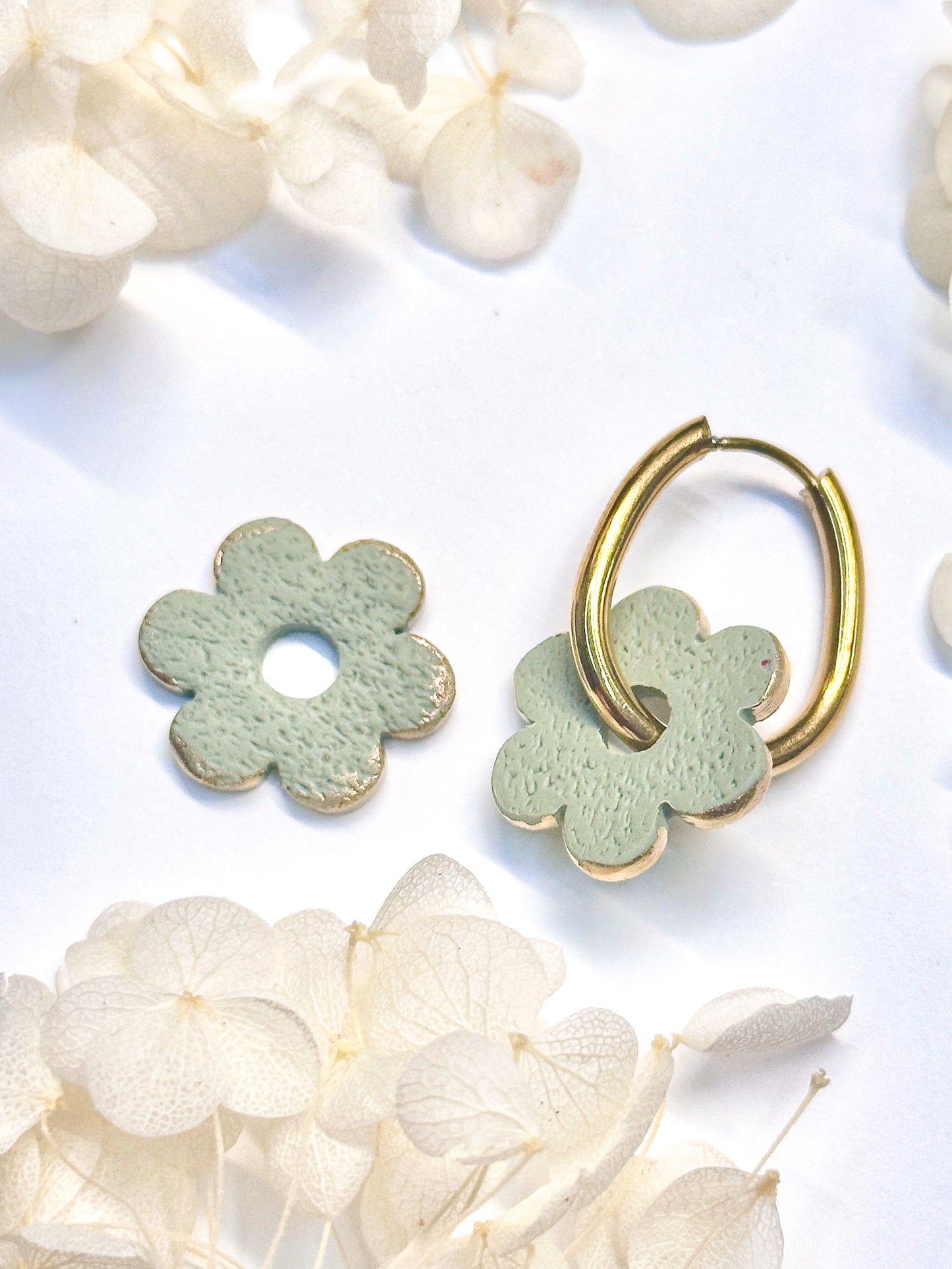 Sage Flower Charms with Gold Rim