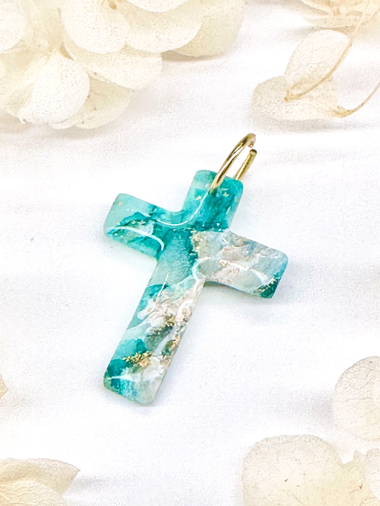 Cross Charm – Jade Marble with Gold Flakes