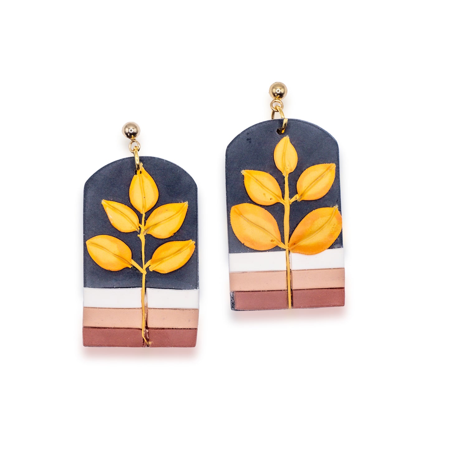 Minimalist Autumn Earrings | Gold Leaf on Navy Arch Polymer Clay Design | Handmade Polymer Clay Earrings