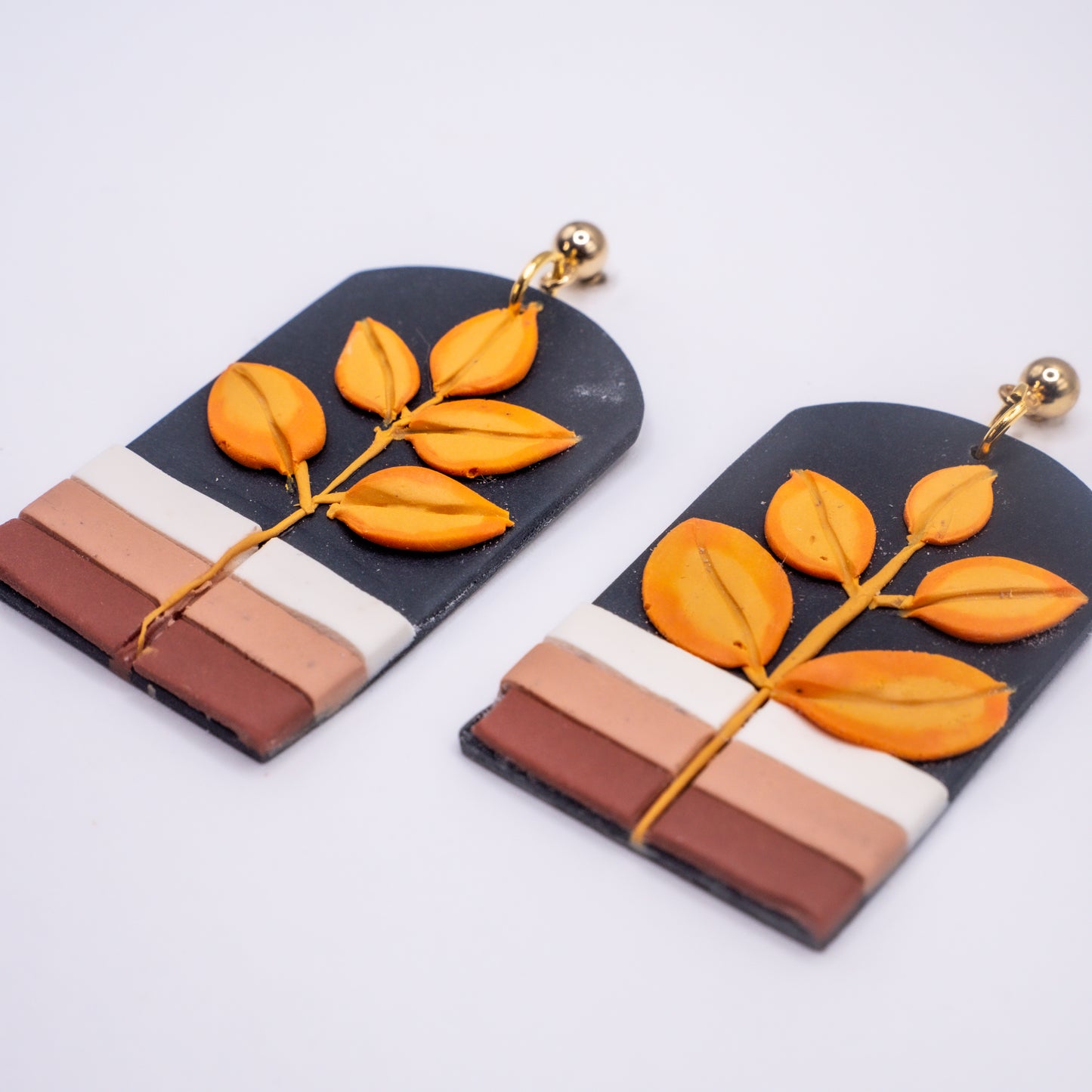 Minimalist Autumn Earrings | Gold Leaf on Navy Arch Polymer Clay Design | Handmade Polymer Clay Earrings