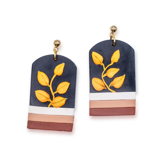 Minimalist Autumn Earrings | Gold Leaf on Navy Arch Polymer Clay Design | Handmade Polymer Clay Earrings (Copy)