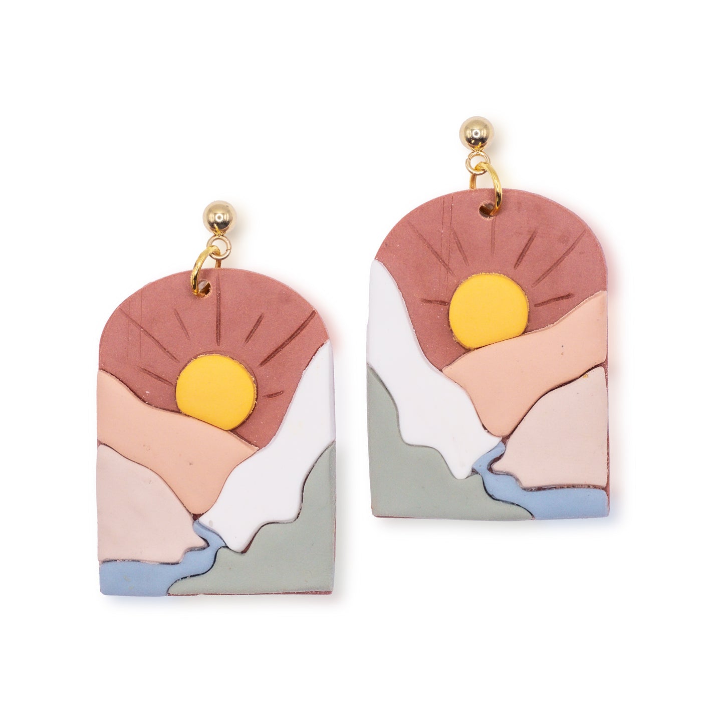 Sunset Landscape Earrings | Colorful Sun and Mountain Earrings | Handmade Polymer Clay Dangles | Unique Polymer Clay Jewelry