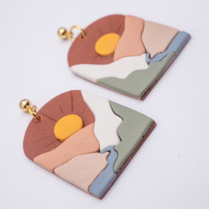 Sunset Landscape Earrings | Colorful Sun and Mountain Earrings | Handmade Polymer Clay Dangles | Unique Polymer Clay Jewelry