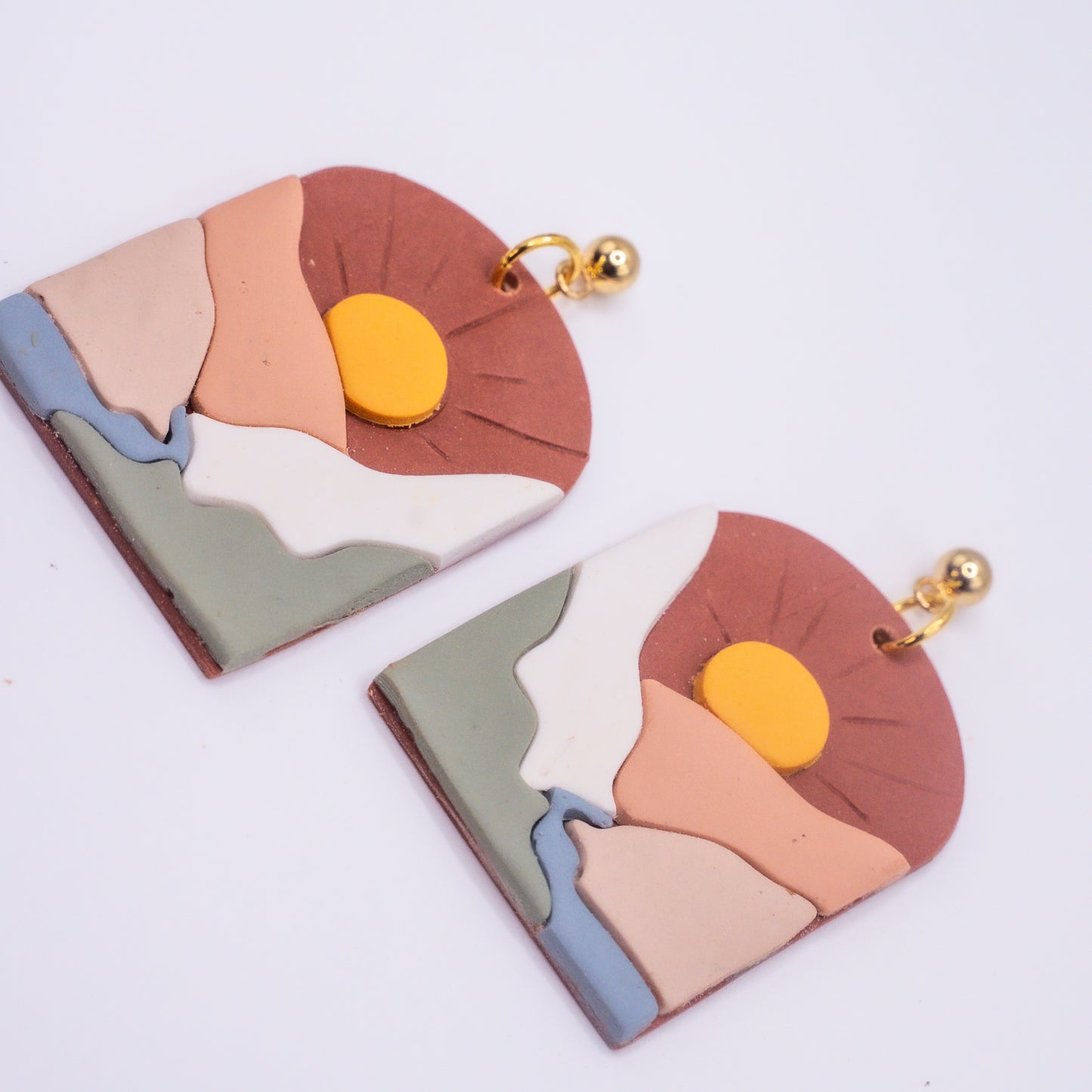 Sunset Landscape Earrings | Colorful Sun and Mountain Earrings | Handmade Polymer Clay Dangles | Unique Polymer Clay Jewelry