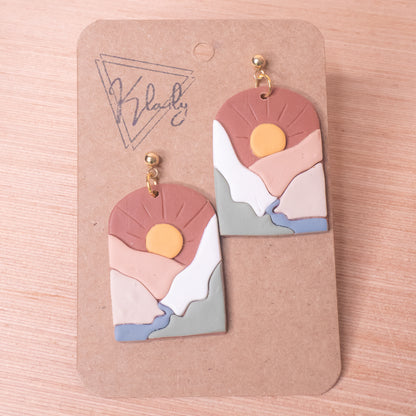 Sunset Landscape Earrings | Colorful Sun and Mountain Earrings | Handmade Polymer Clay Dangles | Unique Polymer Clay Jewelry