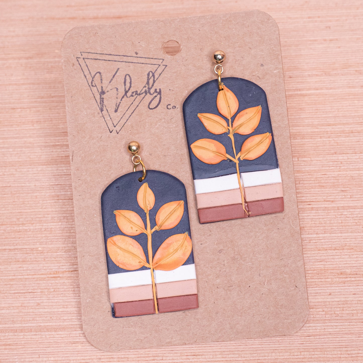 Minimalist Autumn Earrings | Gold Leaf on Navy Arch Polymer Clay Design | Handmade Polymer Clay Earrings