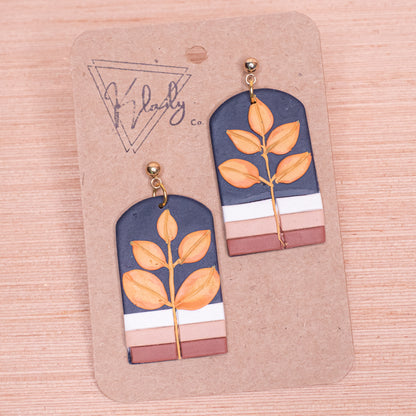 Minimalist Autumn Earrings | Gold Leaf on Navy Arch Polymer Clay Design | Handmade Polymer Clay Earrings