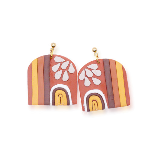 Fall Stripes and Shapes Earrings | Retro Arch Pattern Handmade Polymer Clay Dangle Earrings |  Boho Fall Earrings