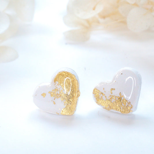Mini Heart Studs – White & Gold Foil