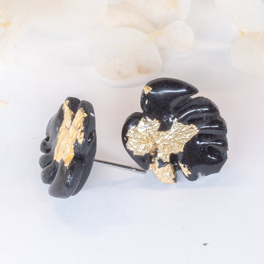Black/Gold Foil Monstera Studs