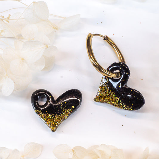 Black Heart Charms (Gold Glitter)
