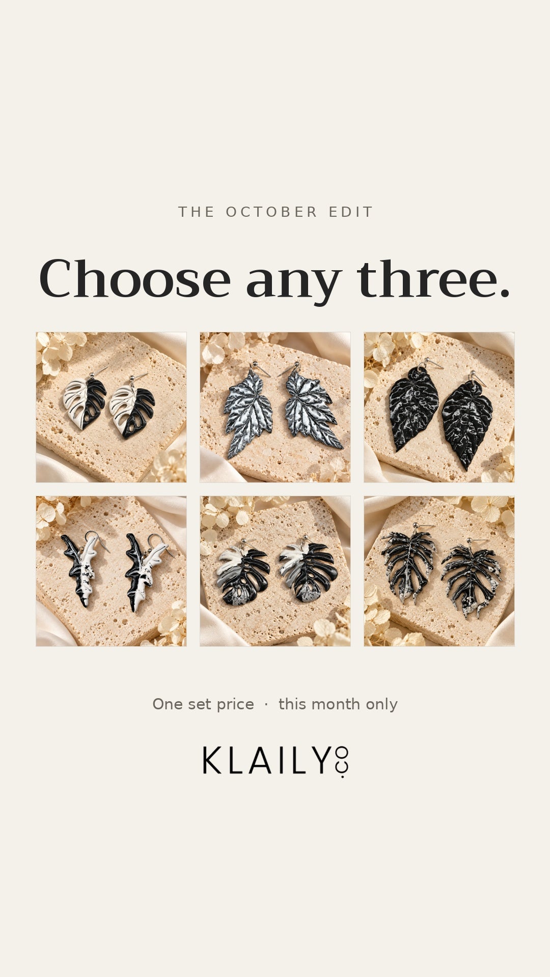 October Trio — six handmade monochrome earring designs, pick any 3 for $45