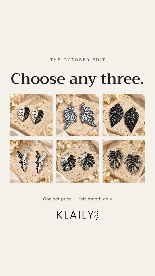 October Trio — six handmade monochrome earring designs, pick any 3 for $45